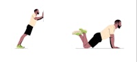 a man is doing a squat and a push up